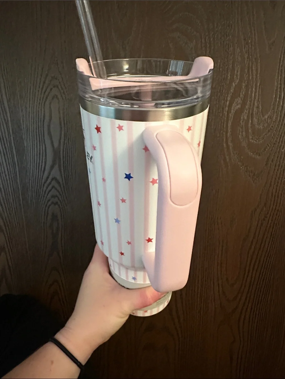 Stanley Pink Striped Tumbler with Red and Blue Stars - Picture 5 of 5
